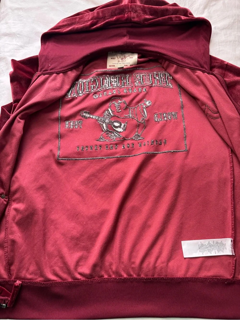 True Religion Men's Velour Zip-Up Hoodie in a deep burgundy or maroon color.